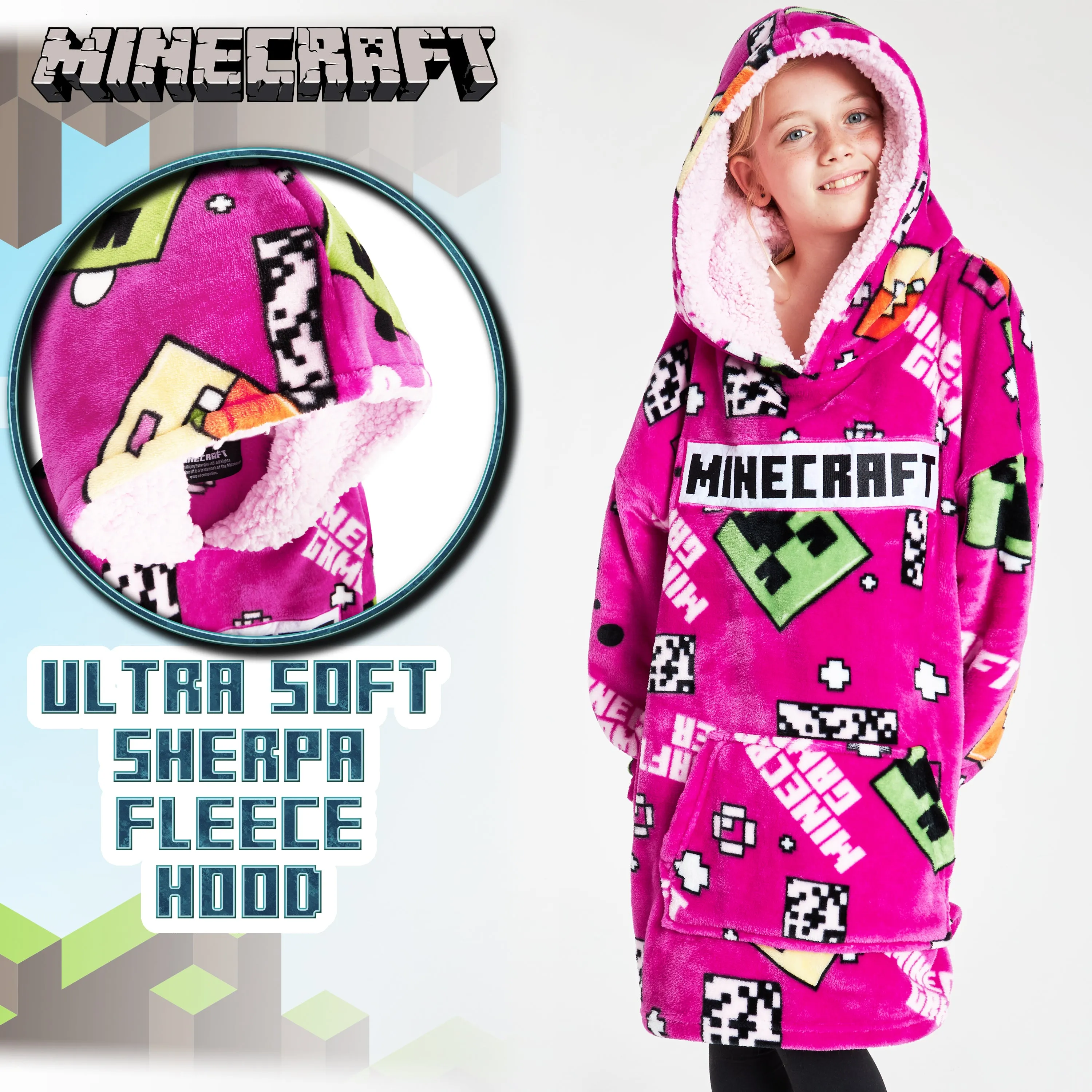 Minecraft Hoodie for Girls, Fleece Oversized Hoodie Blanket, Minecraft gifts Pink