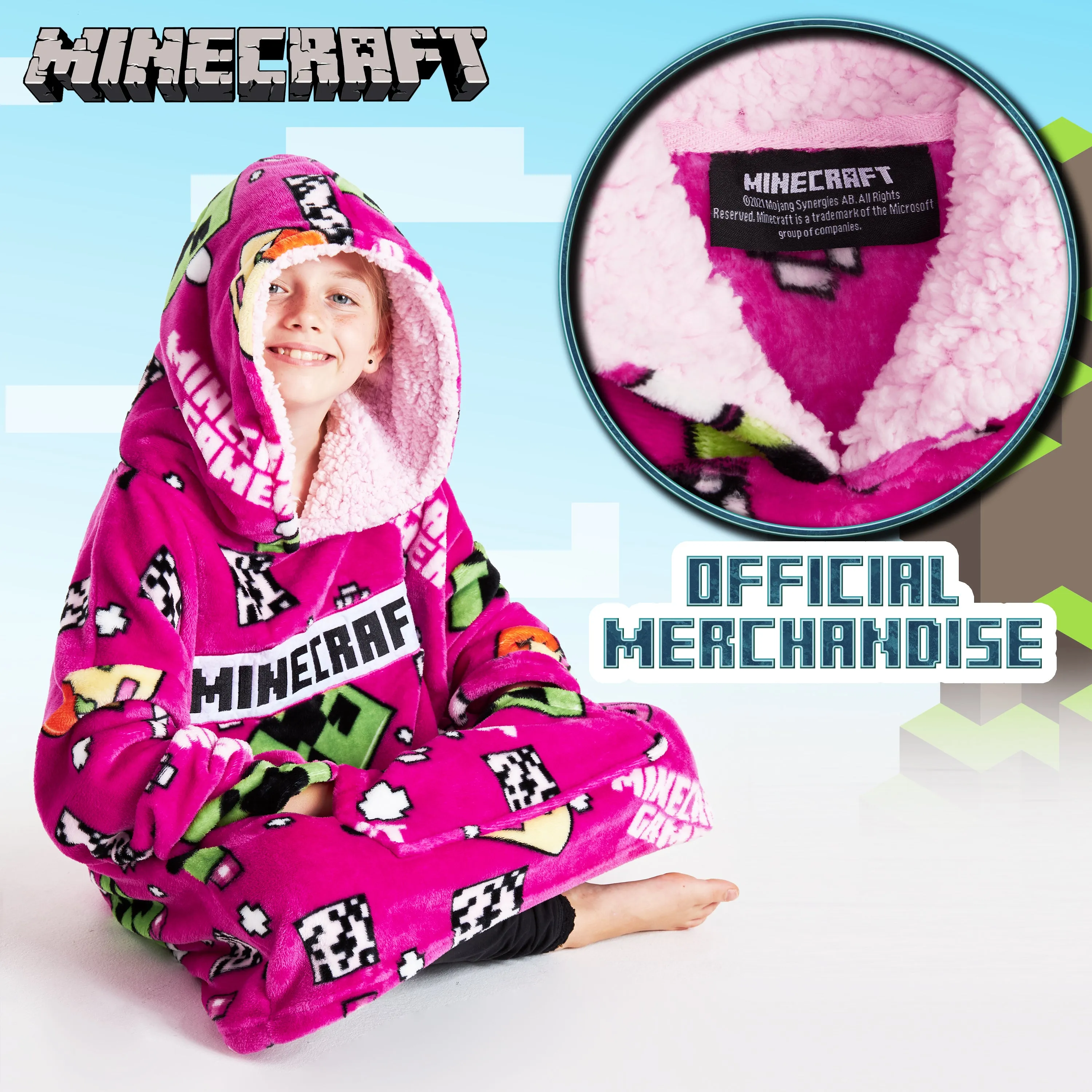 Minecraft Hoodie for Girls, Fleece Oversized Hoodie Blanket, Minecraft gifts Pink