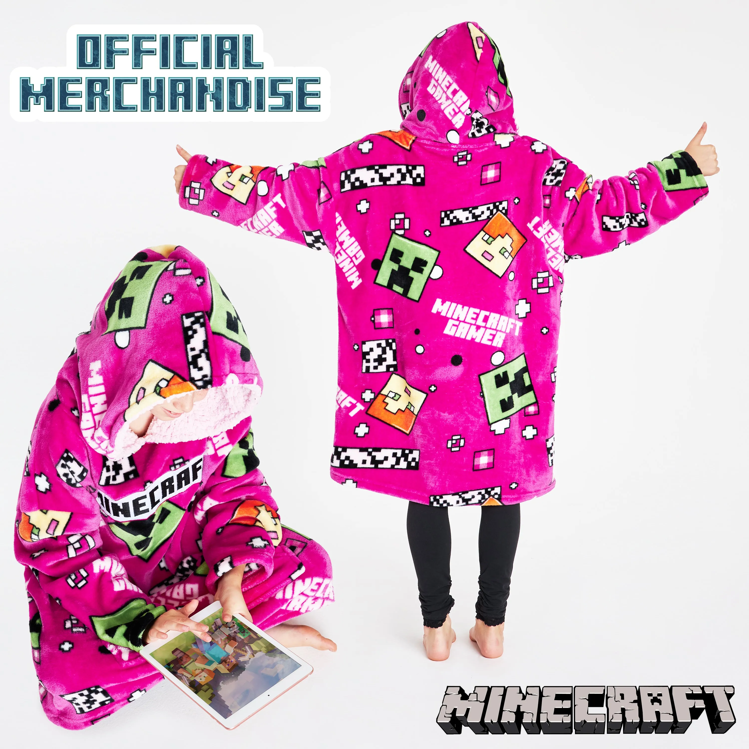 Minecraft Hoodie for Girls, Fleece Oversized Hoodie Blanket, Minecraft gifts Pink