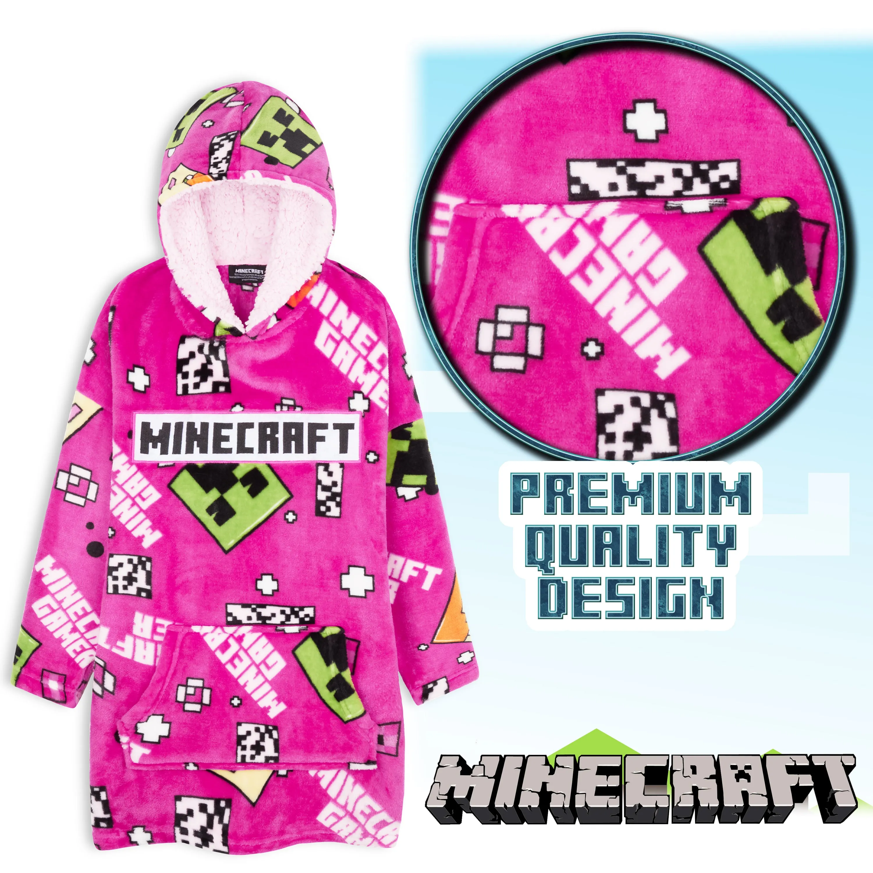 Minecraft Hoodie for Girls, Fleece Oversized Hoodie Blanket, Minecraft gifts Pink