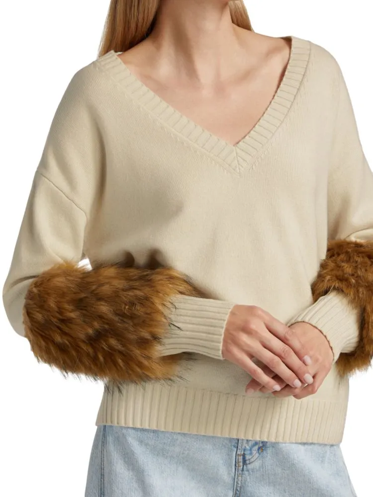 Naadam V-Neck Sweater with Faux Fur Trim, White