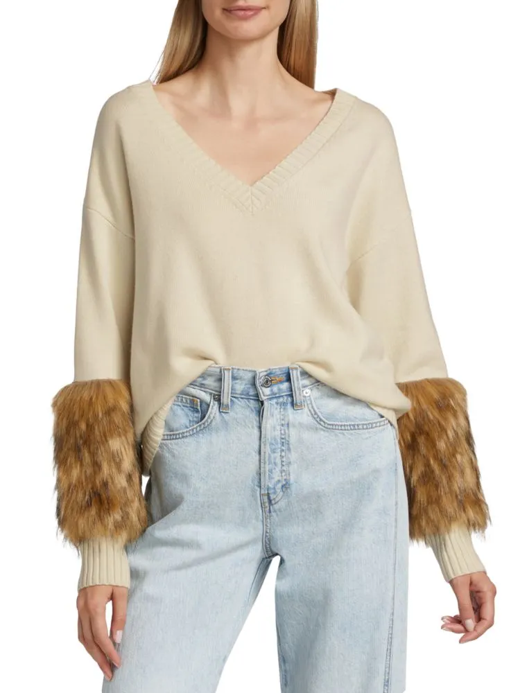 Naadam V-Neck Sweater with Faux Fur Trim, White