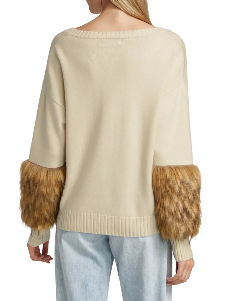 Naadam V-Neck Sweater with Faux Fur Trim, White