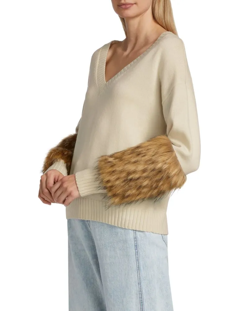 Naadam V-Neck Sweater with Faux Fur Trim, White
