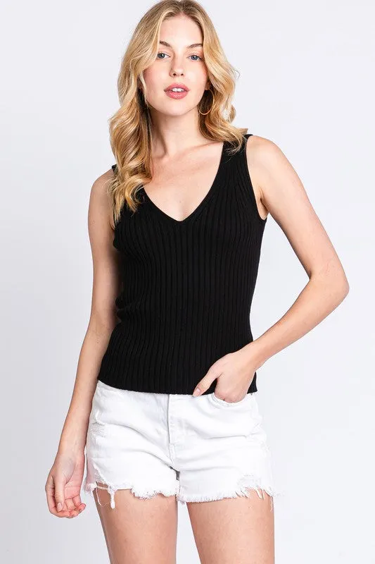 Ribbed V-Neck Sweater Top - Black