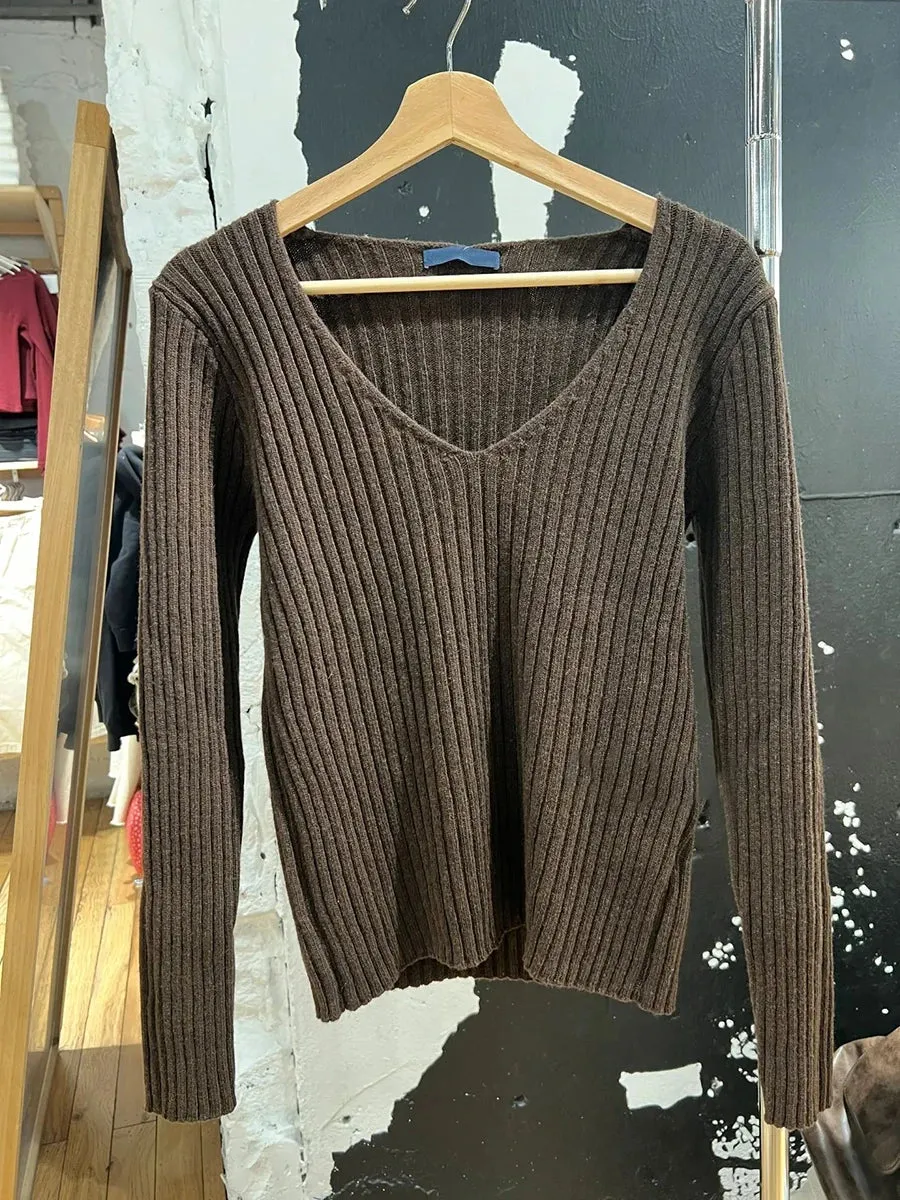 TAVIMART  -  Vintage Brown V-neck Sweater Women Autumn Long Sleeve Cotton Slim Jumpers Female Streetwear Solid Sweet Pullover Sweaters Y2k