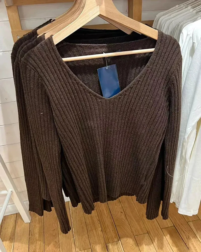 TAVIMART  -  Vintage Brown V-neck Sweater Women Autumn Long Sleeve Cotton Slim Jumpers Female Streetwear Solid Sweet Pullover Sweaters Y2k