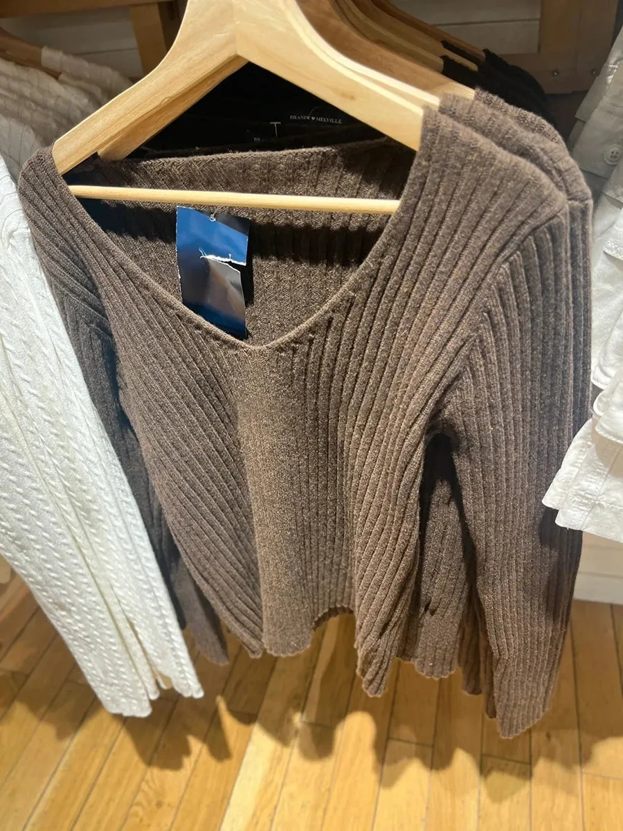 TAVIMART  -  Vintage Brown V-neck Sweater Women Autumn Long Sleeve Cotton Slim Jumpers Female Streetwear Solid Sweet Pullover Sweaters Y2k