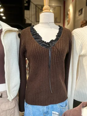 TAVIMART  -  Vintage Brown V-neck Sweater Women Autumn Long Sleeve Cotton Slim Jumpers Female Streetwear Solid Sweet Pullover Sweaters Y2k