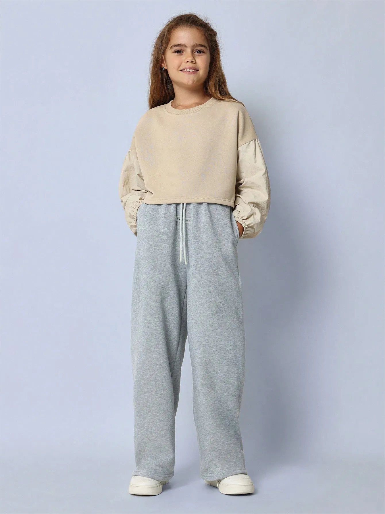 Tween Girls Relaxed Crop Nylon Balloon Sleeve Sweatshirt