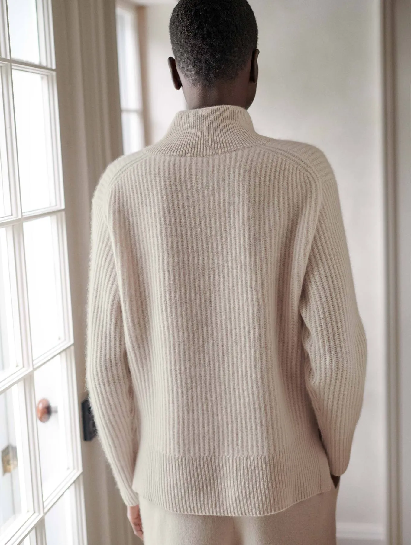 White   Warren - Cashmere Ribbed Button Standneck in Moonstone