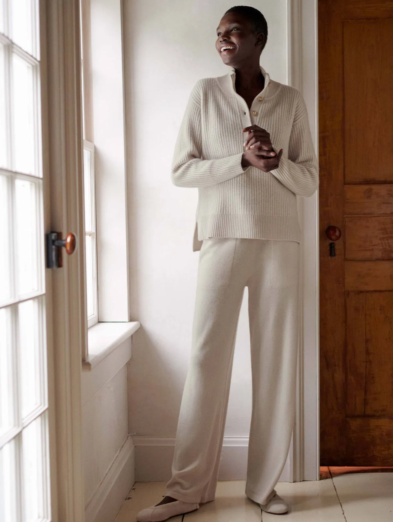 White   Warren - Cashmere Ribbed Button Standneck in Moonstone