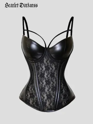 Women Halter Top Gothic PU Leather Lace Patchwork Tops