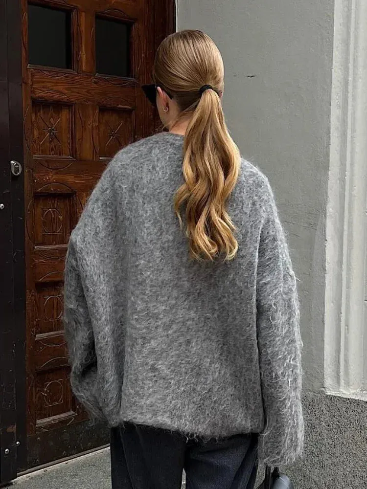 Women's Fashion Grey Single Breasted Knit Cardigan V-neck Long Sleeve
