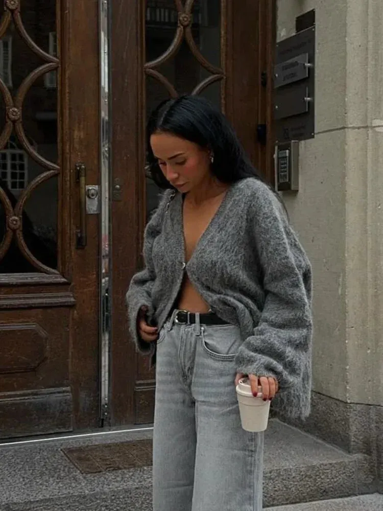 Women's Fashion Grey Single Breasted Knit Cardigan V-neck Long Sleeve