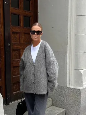 Women's Fashion Grey Single Breasted Knit Cardigan V-neck Long Sleeve