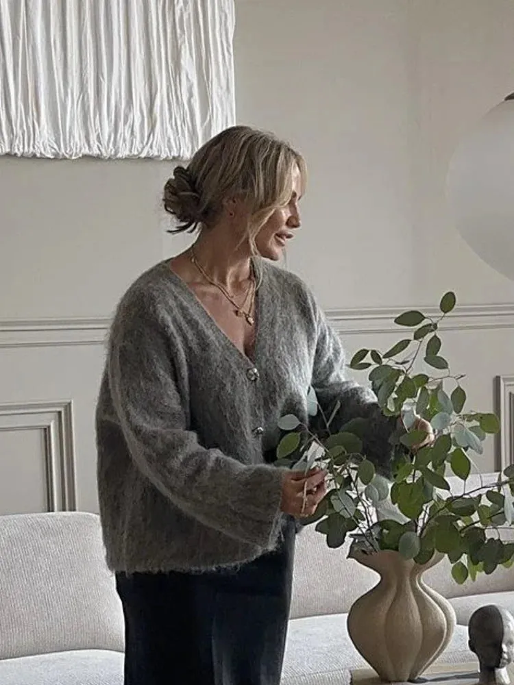 Women's Fashion Grey Single Breasted Knit Cardigan V-neck Long Sleeve